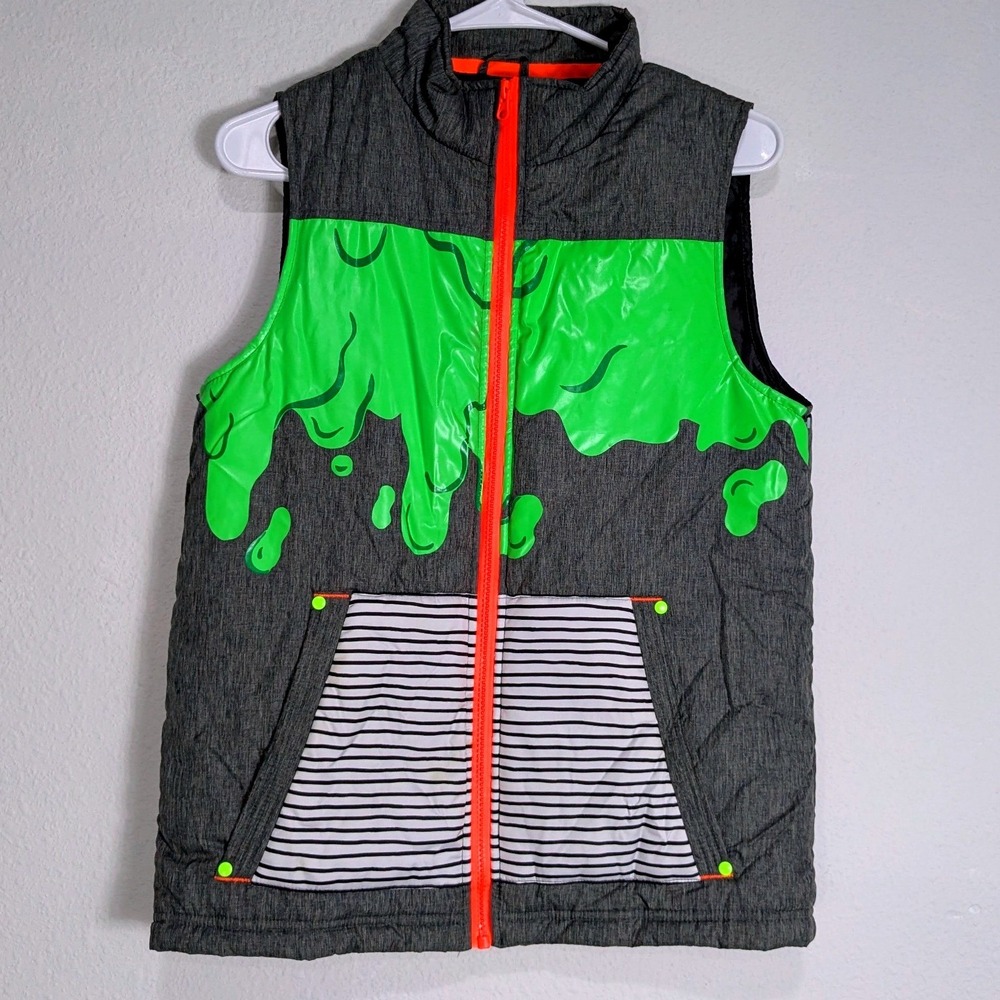 Cat & Jack Boys Grey Neon Green Slime Drip Puffer Vest Full Zip Size L 12/14